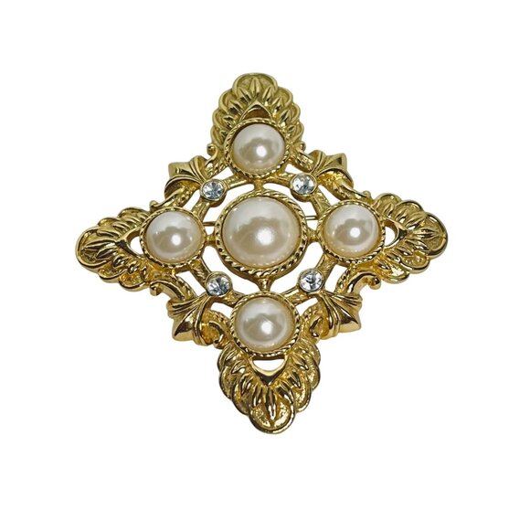 KJL for Avon Gold Tone, Faux Pearl And Clear Rhinestone Brooch/Pendant (6087) - Picture 4 of 10